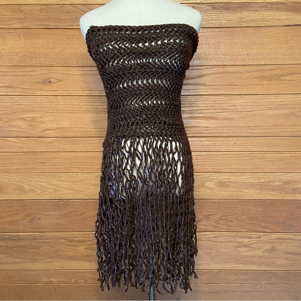 Vintage Y2K brown metallic thread crochet fringe trim strapless top